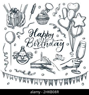 Festa di compleanno decorazione festa di festa. Vettore disegno a mano illustrazione di disegno di regalo in mani, torta con candela, palloncini. Elementi di design Happy Bi Illustrazione Vettoriale