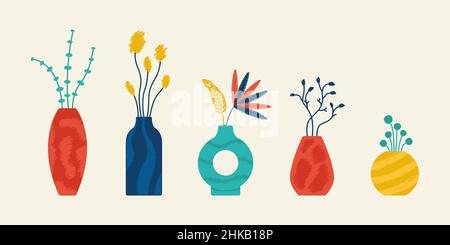 Set di vasi con piante finte e fiori secchi. Decorazioni per la casa Vector Cosy. Illustrazione Vettoriale