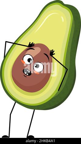 Il personaggio di avocado con emozioni in panico gli afferra la testa, il viso sorpreso, gli occhi scioccati, le braccia e le gambe. Persona con espressione spaventata, emoticon vegetale. Illustrazione piatta vettoriale Illustrazione Vettoriale