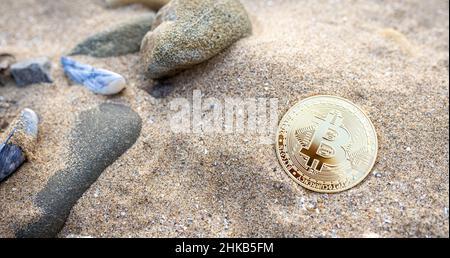 Bitcoin sulla spiaggia sabbia con conchiglie e pietre. Banner singolo in moneta criptata BTC dorata con spazio per la copia del testo dall'alto. Impatto ambientale del concetto di criptovaluta mineraria. Foto Stock