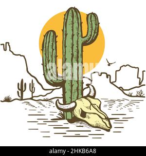 Illustrazione del cranio della mucca e del vettore del cactus. Simbolo vintage americano Westerrn illustrazione a colori disegnata a mano isolata su bianco per il design. Illustrazione Vettoriale