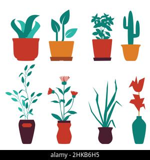 Vaso fiori. Natura cartoon vettore illustrazione di fiori e foglie bella collezione. Pianta di fiore, flowerpot Illustrazione Vettoriale