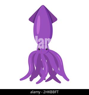 Calamari viola, illustrazione vettoriale in stile cartoon flat. Mare e animale dell'oceano. Cibo gustoso per il ristorante. Immagine stilizzata, clip art. Stampa per Illustrazione Vettoriale