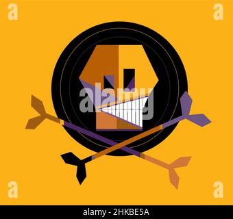 Icona e ossa astratte del cranio, realizzate per sfondo, logo e stampa, colore giallo, viola e nero. Illustrazione vettoriale. Foto Stock