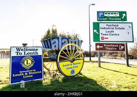 Louth in Lincolnshire, UK., Louth cartello di benvenuto welcom, gemellato con cartello, Louth UK, UK, England, Lincolnshire, Louth Lincolnshire, segno,benvenuto, Foto Stock