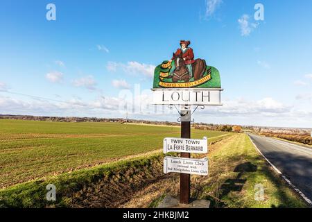 Louth in Lincolnshire, UK., Louth cartello di benvenuto welcom, gemellato con cartello, Louth UK, UK, England, Lincolnshire, Louth Lincolnshire, segno,benvenuto, Foto Stock