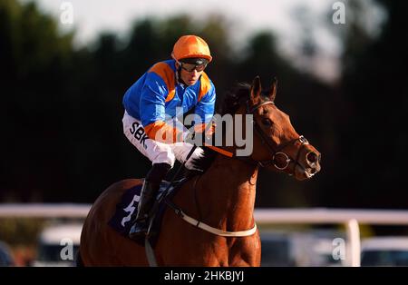 Western Music indovinato da jockey Sean Levey dopo aver vinto il Read Katie Walsh su Betway Insider handicap (Div II) al Southwell Racecourse. Data immagine: Giovedì 3 febbraio 2022. Foto Stock