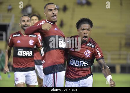 Rio de Janeiro-Brasile 2 febbraio 2022, il giocatore Flamengo, Marinho festeggia il suo primo gol durante la partita tra Flamengo e Boavista al volta Foto Stock