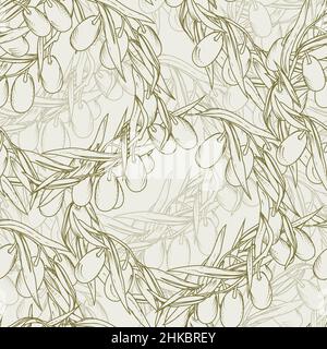 Olive disegno senza cuciture, texture ripetibile con rami di oliva, vettoriale. Illustrazione Vettoriale