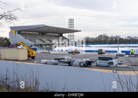 Costruzione dell'Alexander Stadium a Perry Barr, Birmingham per gli eventi sul campo e i 2022 piste dei Birmingham Commonwealth Games Foto Stock