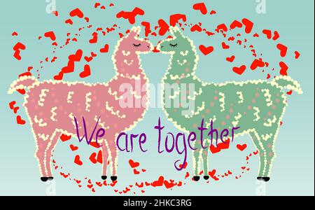Due amanti baciano le lama circondate dai cuori. Amore in aria, giorno cartolina di San Valentino Illustrazione Vettoriale