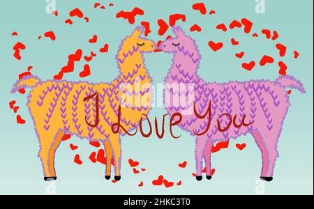 Due amanti baciano le lama circondate dai cuori. Amore in aria, giorno cartolina di San Valentino Illustrazione Vettoriale