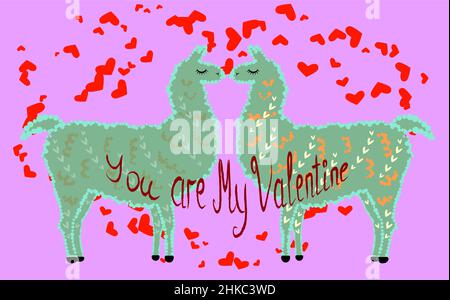 Due amanti baciano le lama circondate dai cuori. Amore in aria, giorno cartolina di San Valentino Illustrazione Vettoriale