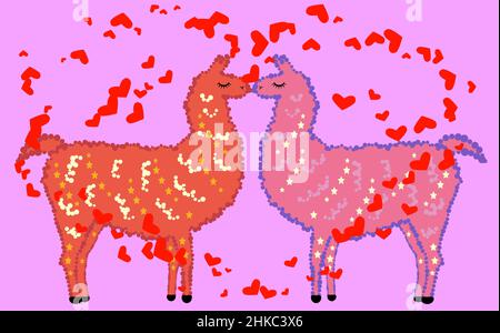Due amanti baciano le lama circondate dai cuori. Amore in aria, giorno cartolina di San Valentino Illustrazione Vettoriale