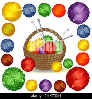 Cestino con grovigli multicolore in una cornice quadrata di palle multicolore di lana. Illustrazione Vettoriale