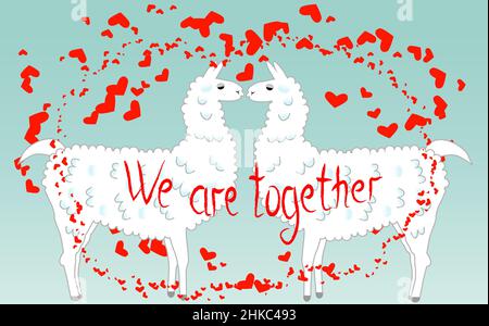 Due amanti baciano le lama circondate dai cuori. Amore in aria, cartolina al giorno di San Valentino. Illustrazione Vettoriale