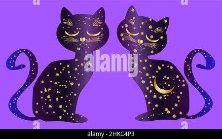 Cat-notte. Silhouette Cat dipinte con un cielo notturno con stelle e una luna giovane. Illustrazione Vettoriale