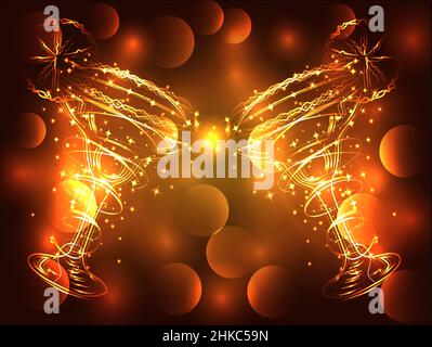 Profilo dorato di bicchieri con un cocktail su sfondo marrone con stelle e luci, discoteca, club, luci al neon Illustrazione Vettoriale