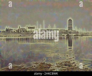 Ispirati dalla vista della città e del porto di una città cinese, nel porto si trovano le tradizionali barche asiatiche e le navi a vela. Alla testa del hanno n è una torre., Cina, c. 1879 - c. 1890, carta, stampa albume, altezza 204 mm x larghezza 260 mm altezza 345 mm x larghezza 265 mm, reinventata da Artotop. L'arte classica reinventata con un tocco moderno. Design di calda e allegra luminosità e di raggi di luce. La fotografia si ispira al surrealismo e al futurismo, abbracciando l'energia dinamica della tecnologia moderna, del movimento, della velocità e rivoluzionando la cultura Foto Stock