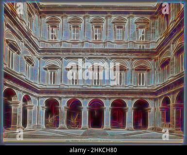 Ispirato al Portico del Palazzo Farnese, Roma, vista frontale dal cortile del Palazzo Farnese a Roma., James Anderson, Roma, c.. 1870 - c. 1880, stampa albume, altezza 204 mm x larghezza 263 mm, reinventata da Artotop. L'arte classica reinventata con un tocco moderno. Design di calda e allegra luminosità e di raggi di luce. La fotografia si ispira al surrealismo e al futurismo, abbracciando l'energia dinamica della tecnologia moderna, del movimento, della velocità e rivoluzionando la cultura Foto Stock