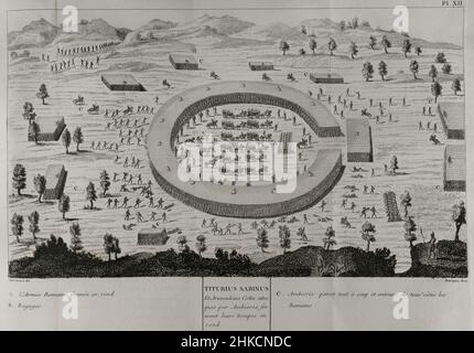 Guerre galliche (58 a.C.-50 a.C.). Quintus Titurius Sabinus e Arunculcio cotta, attaccati da Ambiorix, formando le loro truppe in cerchio. Incisione. 'Commentaires de Cesar avec des Notes historiques, critiques et militaires' di Conte Turpin de Crissé. Volume I. pubblicato a Montargis e venduto a Parigi, 1785. Foto Stock