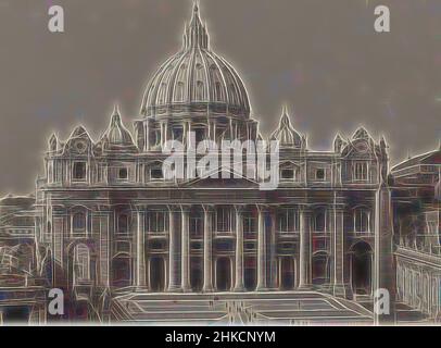 Ispirato dalla vista del piazzale della Basilica di San Pietro in Città del Vaticano, Italia, Chiesa di S. Pietro in Vaticano - cupola, opera di Michelangelo, Roma, Vaticano, 1900 - 1930, Stampa in argento gelatina, altezza 201 mm x larghezza 305 mm, Reimagined by Artotop. L'arte classica reinventata con un tocco moderno. Design di calda e allegra luminosità e di raggi di luce. La fotografia si ispira al surrealismo e al futurismo, abbracciando l'energia dinamica della tecnologia moderna, del movimento, della velocità e rivoluzionando la cultura Foto Stock