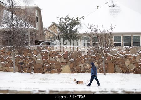 FLOWER MOUND, TEXAS, USA. 3rd Feb 2022. 2/3/22 -FLOWER MOUND, TEXAS - Un fronte freddo colpisce il nord del Texas e il resto del paese, portando pioggia e neve gelide nella regione. Nel 2021, il Texas ha vissuto una delle peggiori tempeste invernali della storia che ha portato alla chiusura della rete elettrica dello stato per migliaia di residenti; con questo fresco nella mente dei texani, le persone si preparano per il peggio. Giovedì, 02/03/2022, la neve ha cominciato a cadere presto nella mattina, tappando la pioggia congelata che ha fatto la doccia del Texas del Nord la notte prima. Città come Dallas e Fort Worth hanno inviato avvisi di haz Foto Stock