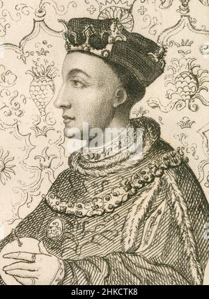 Antica incisione del 1812 di Enrico V d'Inghilterra. Enrico V (1386-1422), chiamato anche Enrico di Monmouth, fu re d'Inghilterra dal 1413 fino alla sua morte nel 1422. FONTE: INCISIONE ORIGINALE Foto Stock