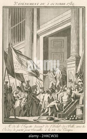 Antica incisione di fine 18th secolo raffigurante Marquis de Lafayette scendendo i gradini dell'Hotel de Ville, con l'ordine di partire per Versailles alla testa delle truppe. Incisione di Jean-Francis Janinet (1752-1814). FONTE: INCISIONE ORIGINALE Foto Stock