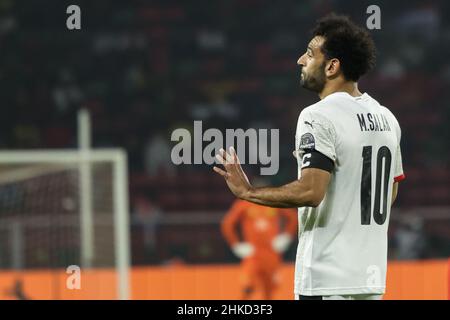 CAMERUN, Yaounde, 03 Febbraio 2022 - Mohamed Salah d'Egitto durante la Coppa delle nazioni d'Africa gioca a metà partita finale tra Camerun ed Egitto allo Stade d'Olembe, Yaounde, Camerun, 03/02/2022/ Foto di SF Credit: Sebo47/Alamy Live News Foto Stock