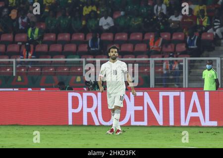 CAMERUN, Yaounde, 03 Febbraio 2022 - Mohamed Salah d'Egitto durante la Coppa delle nazioni d'Africa gioca a metà partita finale tra Camerun ed Egitto allo Stade d'Olembe, Yaounde, Camerun, 03/02/2022/ Foto di SF Credit: Sebo47/Alamy Live News Foto Stock