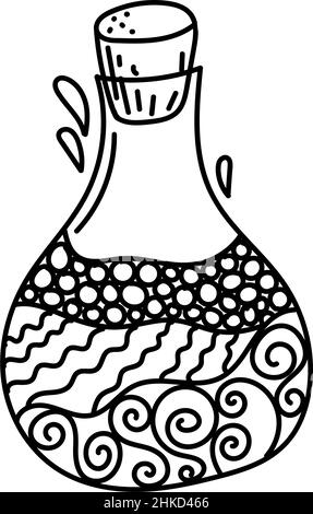 Bottiglia, imbutita a mano, elemento a forma di scarabocchio. Bottiglia con sabbia fantasia. Motivi neri. Illustrazione monogamosa in stile piatto. Illustrazione Vettoriale