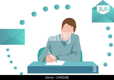 Corrispondenza aziendale o personale. Un uomo scrive una lettera alla sua scrivania. Busta chiusa e aperta. Vettore in stile cartoon. Illustrazione piatta. Illustrazione Vettoriale
