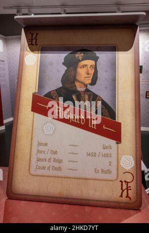 Scheda tipo 'Top Trumps' su King Richard III, King Richard III Visitor Center, Leicester, Inghilterra. Foto Stock