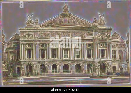 Ispirato dalla facciata dell'Opéra Garnier a Parigi, Parigi, c.. 1875 - c. 1885, stampa albume, altezza 97 mm x larghezza 149 mm, reinventata da Artotop. L'arte classica reinventata con un tocco moderno. Design di calda e allegra luminosità e di raggi di luce. La fotografia si ispira al surrealismo e al futurismo, abbracciando l'energia dinamica della tecnologia moderna, del movimento, della velocità e rivoluzionando la cultura Foto Stock