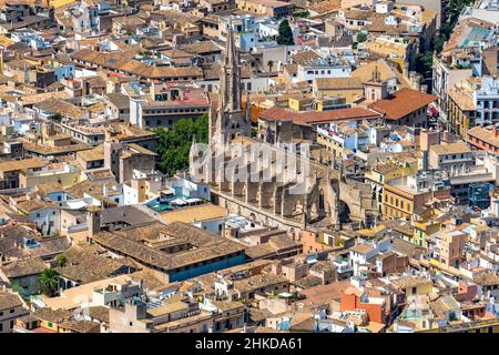 Veduta aerea, chiesa cattolica Iglesia de Santa Eulalia, el Call, Palma, Maiorca, Isole Baleari, Spagna, luogo di culto, ES, Europa, comm religioso Foto Stock