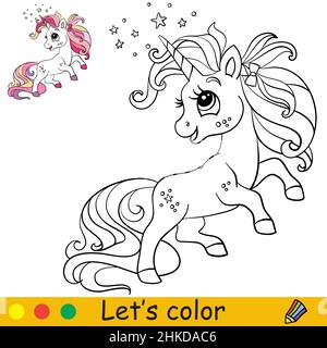 Carino e divertente piccolo unicorno rosa mana lunga. Pagina del libro da colorare con modello a colori. Illustrazione di un cartoon vettoriale. Per i bambini che colorano, carta, stampa, des Illustrazione Vettoriale