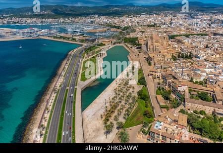 Fotografia aerea, Chiesa di Santa Iglesia Catedral de Mallorca, Cattedrale di Palma, Parc de la Mar, Palma, Maiorca, Isole Baleari, Spagna, Devozionale S Foto Stock