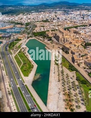 Fotografia aerea, Chiesa di Santa Iglesia Catedral de Mallorca, Cattedrale di Palma, Parc de la Mar, Palma, Maiorca, Isole Baleari, Spagna, Devozionale S Foto Stock