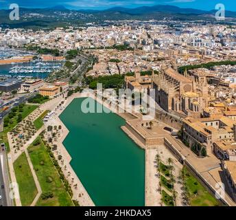 Fotografia aerea, Chiesa di Santa Iglesia Catedral de Mallorca, Cattedrale di Palma, Parc de la Mar, Palma, Maiorca, Isole Baleari, Spagna, Devozionale S Foto Stock