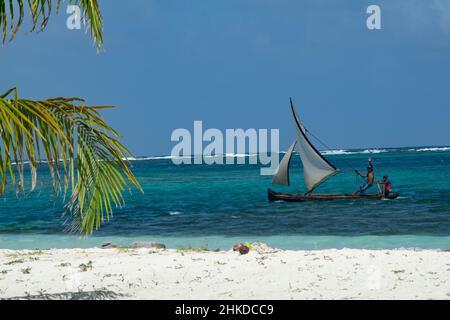 Spiaggia di palme intatta con barca a vela tradizionale all'isola di Chichime (San Blas) Foto Stock