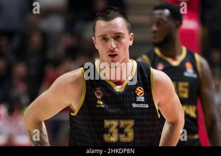 Belgrado, Serbia, 3rd febbraio 2022. Danilo Andjusic di AS Monaco reagisce durante la gara Turca Airlines Eurolega tra Crvena Zvezda mts Belgrado contro Monaco a Belgrado, Serbia. Febbraio 3, 2022. Credit: Nikola Krstic/Alamy Foto Stock