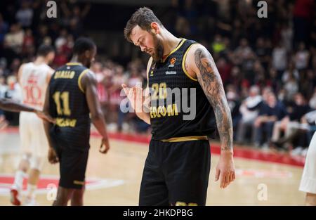 Belgrado, Serbia, 3rd febbraio 2022. Donatas Motiejunas di AS Monaco reagisce durante la partita Turkish Airlines Eurolega tra Crvena Zvezda mts Belgrado v COME Monaco a Belgrado, Serbia. Febbraio 3, 2022. Credit: Nikola Krstic/Alamy Foto Stock