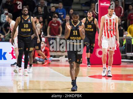 Belgrado, Serbia, 3rd febbraio 2022. Alfa Diallo di AS Monaco reagisce durante la partita Turkish Airlines Eurolega tra Crvena Zvezda mts Belgrado v COME Monaco a Belgrado, Serbia. Febbraio 3, 2022. Credit: Nikola Krstic/Alamy Foto Stock