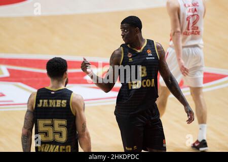 Belgrado, Serbia, 3rd febbraio 2022. Dwayne Bacon di AS Monaco si gestisce durante la partita Turkish Airlines Eurolega tra Crvena Zvezda mts Belgrado v COME Monaco a Belgrado, Serbia. Febbraio 3, 2022. Credit: Nikola Krstic/Alamy Foto Stock