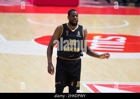 Belgrado, Serbia, 3rd febbraio 2022. Will Thomas di COME Monaco reagisce durante la partita Turkish Airlines Eurolega tra Crvena Zvezda mts Belgrado v COME Monaco a Belgrado, Serbia. Febbraio 3, 2022. Credit: Nikola Krstic/Alamy Foto Stock