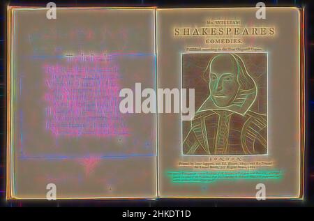 Ispirato alla riproduzione fotografica di un'incisione, che mostra un ritratto di William Shakespeare, Martin Droeshout (II), Inghilterra, c.. 1857 - prima del 1862, stampa albume, altezza 123 mm x larghezza 102 mm, reinventata da Artotop. L'arte classica reinventata con un tocco moderno. Design di calda e allegra luminosità e di raggi di luce. La fotografia si ispira al surrealismo e al futurismo, abbracciando l'energia dinamica della tecnologia moderna, del movimento, della velocità e rivoluzionando la cultura Foto Stock