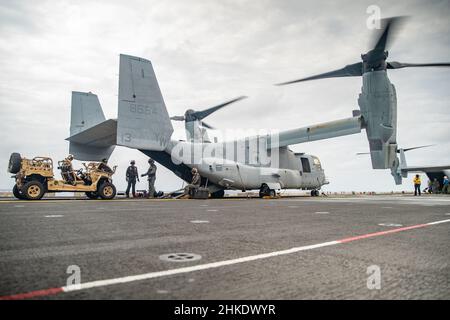 MAR DELLE FILIPPINE (Feb 3, 2022) i Marines degli Stati Uniti assegnati all'unità di spedizione marina (MEU) 11th caricano un veicolo polaris MrZR tattico per tutti i terreni su un MV-22B Osprey attaccato a Marine Medium Tiltrotor Squadron (VMM) 165 (rinforzato), 11th MEU, sul ponte di volo della nave d'assalto anfibio di classe Wasp USS Essex (LHD 2) A sostegno di Exercise Noble Fusion, 3 febbraio 2022. In quanto unità preinstallata in grado di condurre operazioni anfibie, risposte alle crisi e limitate operazioni di emergenza, il MEU 11th svolge regolarmente una formazione per poter operare in aree contestate per creare strat Foto Stock