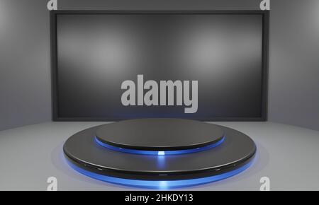 supporto nero e sfondo dello schermo lcd nella sala news studio.3d rendering. Foto Stock