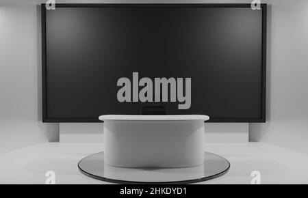 tavolo bianco e sfondo lcd in uno studio di notizie room.3d rendering. Foto Stock